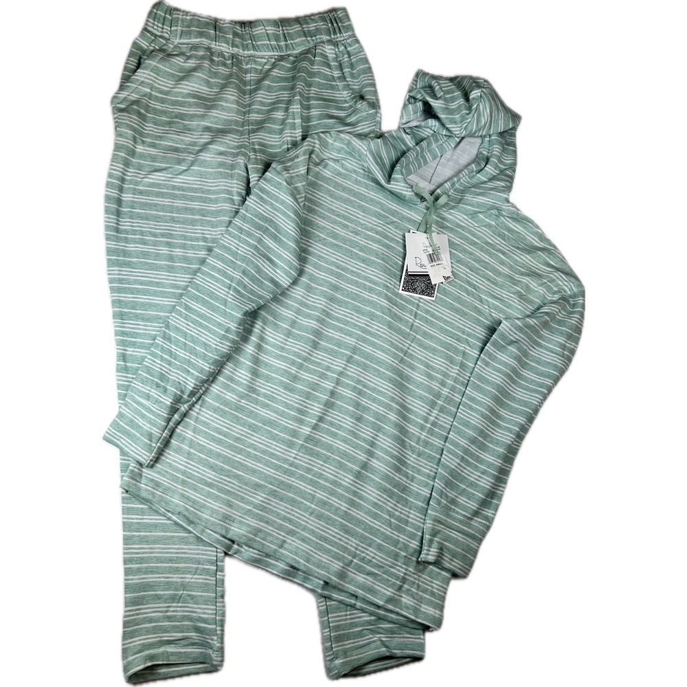 Roudelain Womens Small Pajama Set NWT Butter Knit Hooded Top Pants Green Stripe